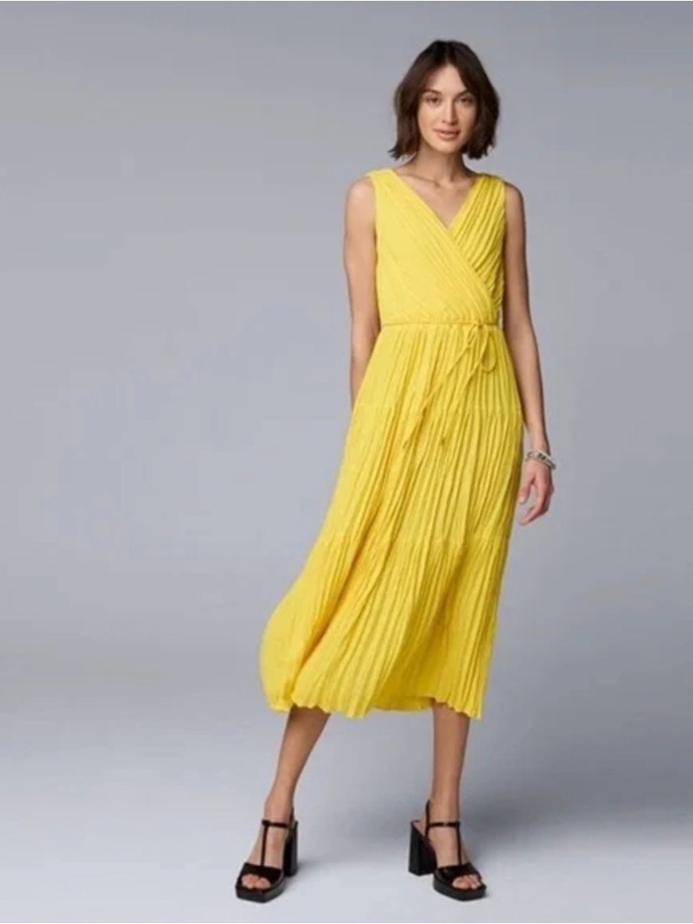 Vera Wang Simply Vera Yellow Sleeveless Pleated Midi Crossover Dress Size 2XL